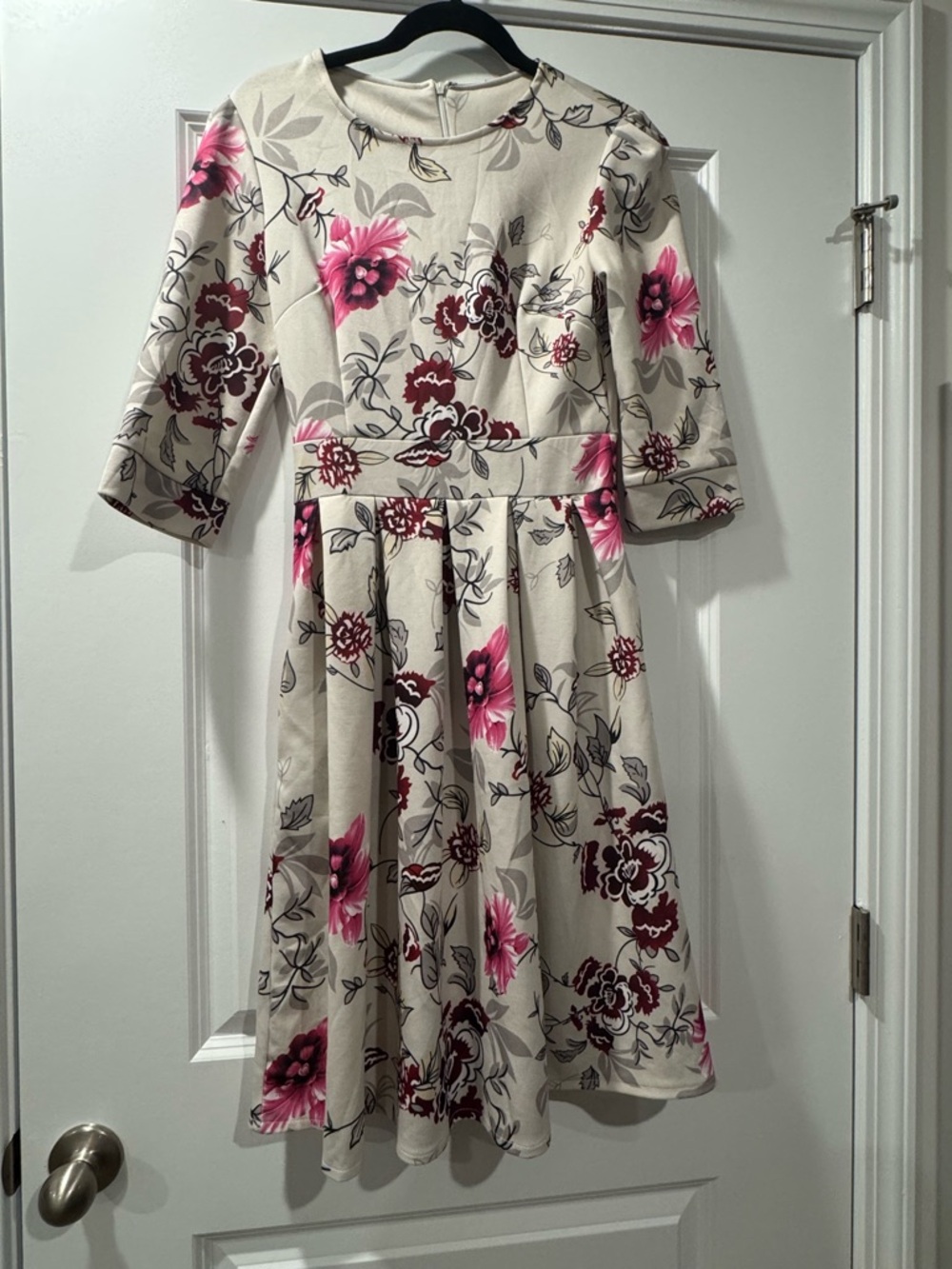 Floral Fit-and-Flare Dress in Cream with Pink & Burgundy Blooms